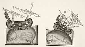 1878年のポールラクロワによる「中世の科学と文学」からのリチャードドフルニバルの「Bestiarire d&39;Amour」のミニチュアの後、航海士たちはクジラの背中を島と間違えた 作： English School